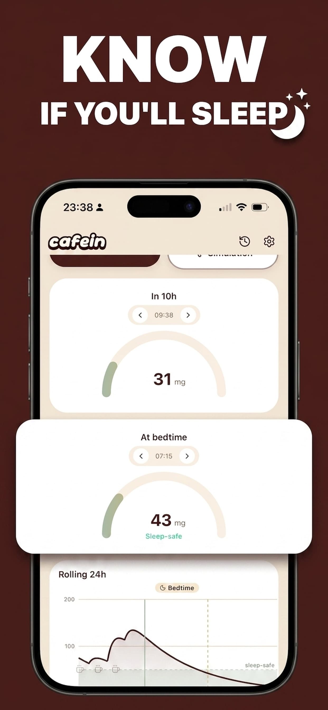 KNOW IF YOU WILL SLEEP — cafein bedtime caffeine projection screenshot